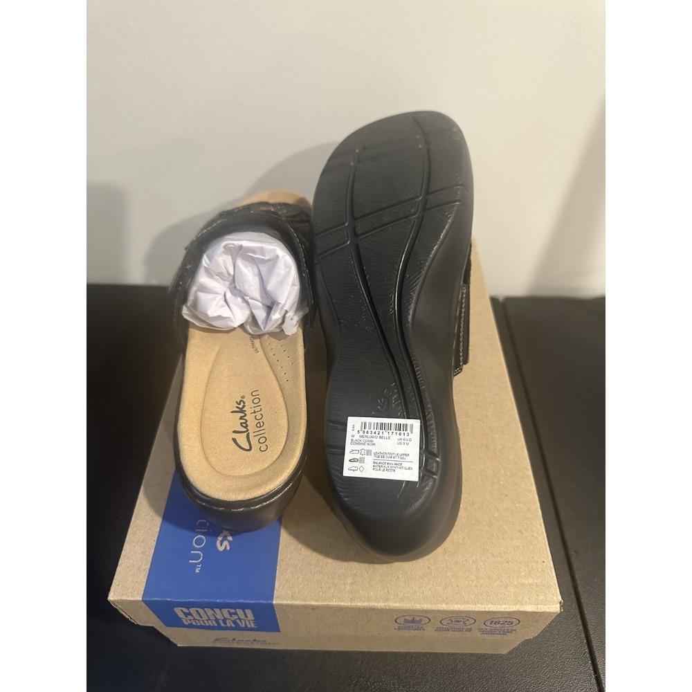 Clarks Collection Merliah2 Belle 9 Black Leather Floral Slide Sandals 26181720 - Picture 5 of 11